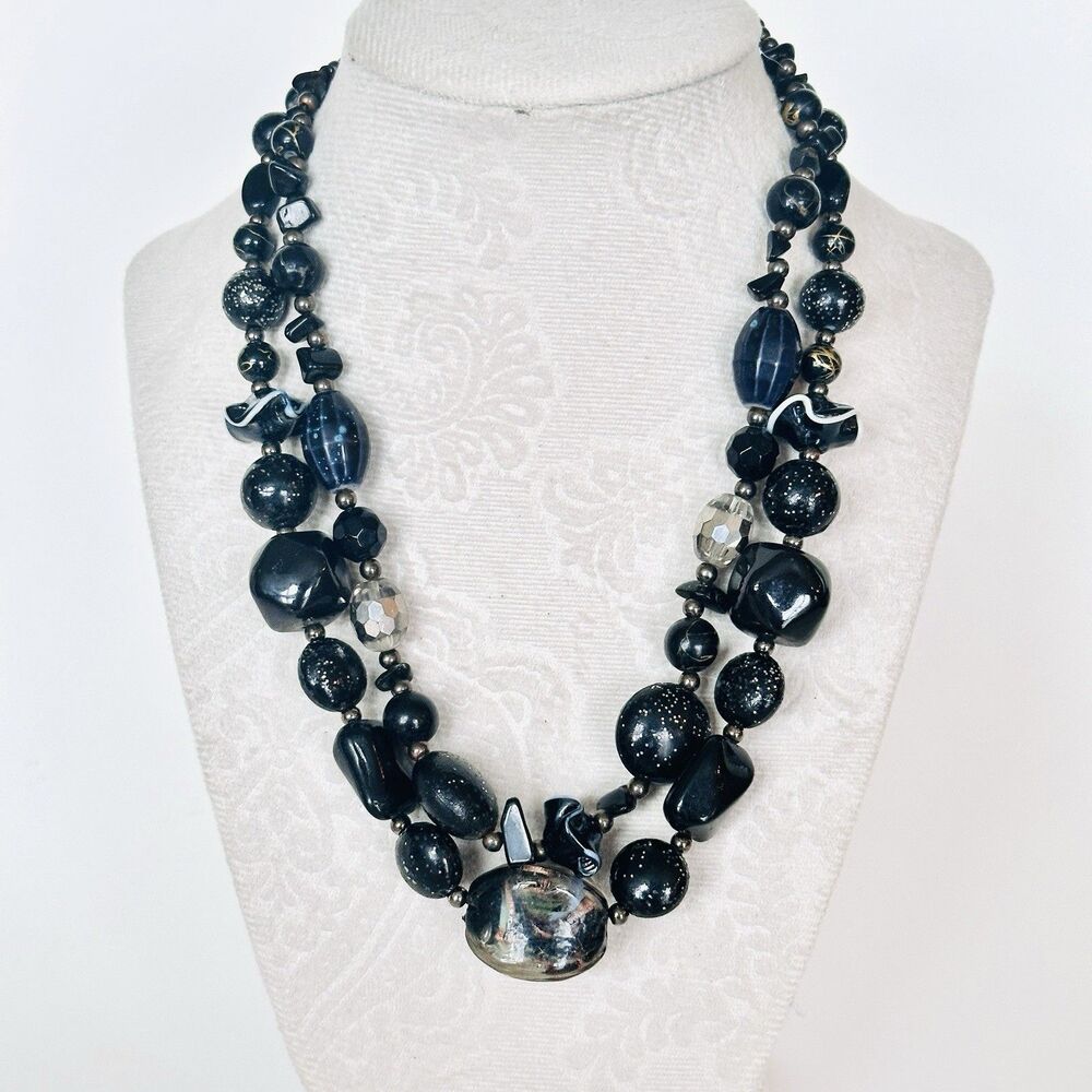 Double Strand Celestial Black Glass Beaded Necklace Art Glass Crystal Galaxy MCM